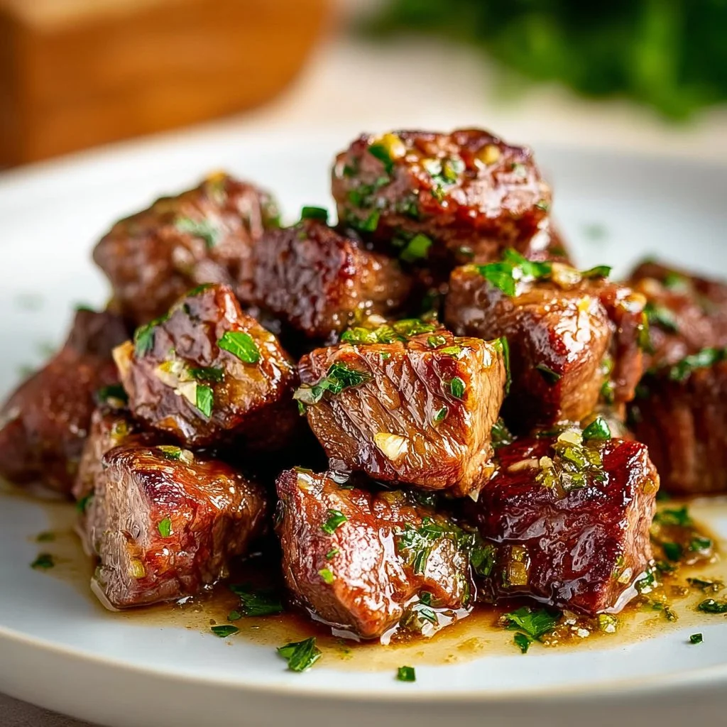 Garlic Butter Steak Bites garnished with fresh parsley