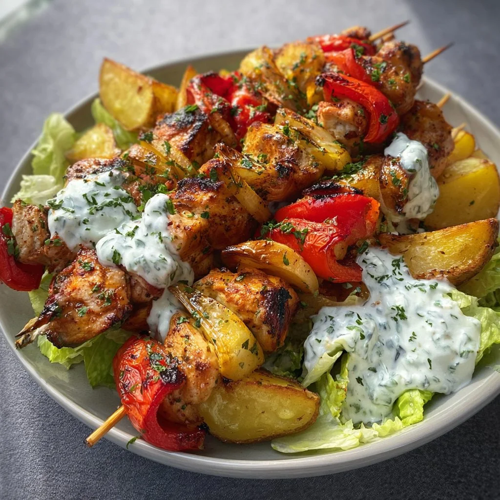 Grilled chicken skewers with roasted potatoes and tzatziki sauce on a plate