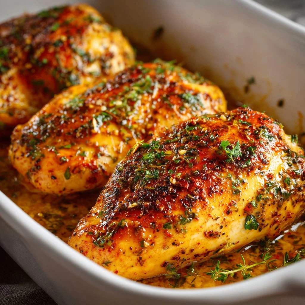 Oven Baked Chicken Breast Delicious oven baked chicken breast served on a plate with herbs and spices.