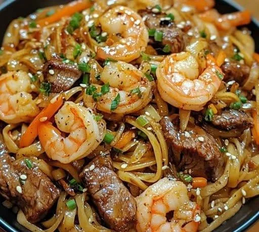 Sizzling steak and shrimp stir-fried noodles in a sweet and savory sauce