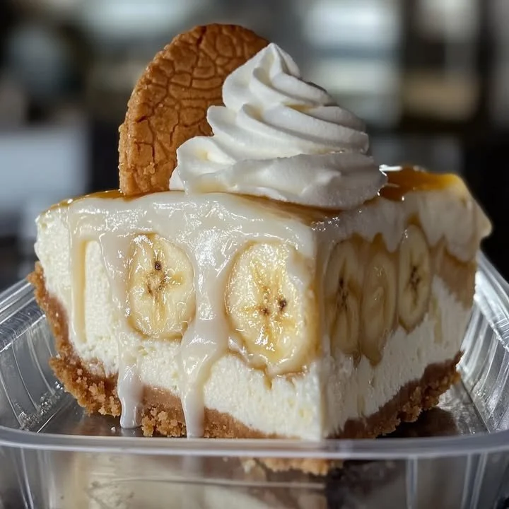 Banana Pudding Cheesecake Recipe Delicious slice of banana pudding cheesecake topped with banana slices and whipped cream