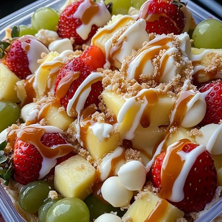 Delicious cheesecake fruit salad with a variety of fresh fruits and creamy texture.