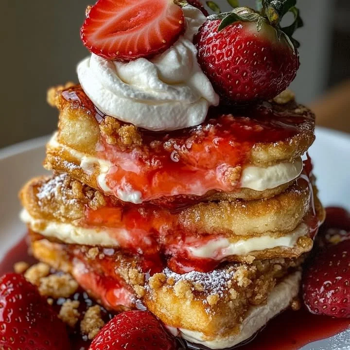 Cheesecake Stuffed Strawberry Shortcake French Toast Cheesecake stuffed strawberry shortcake French toast served on a plate