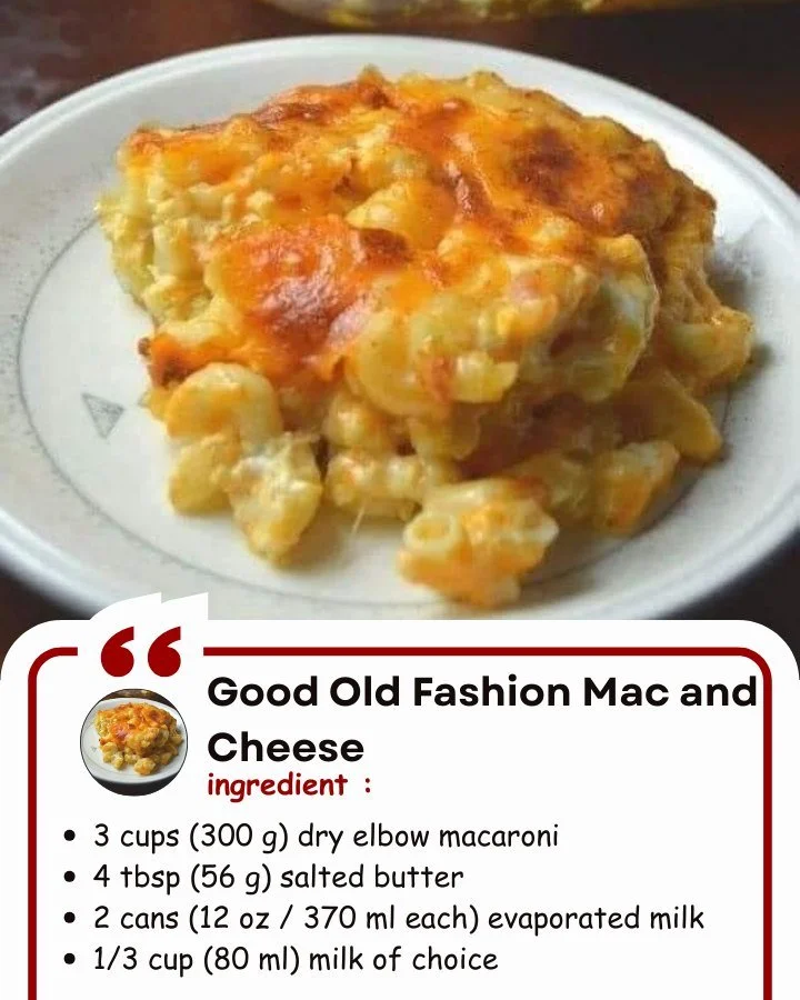 Delicious plate of Good Old Fashion Mac and Cheese topped with melted cheese