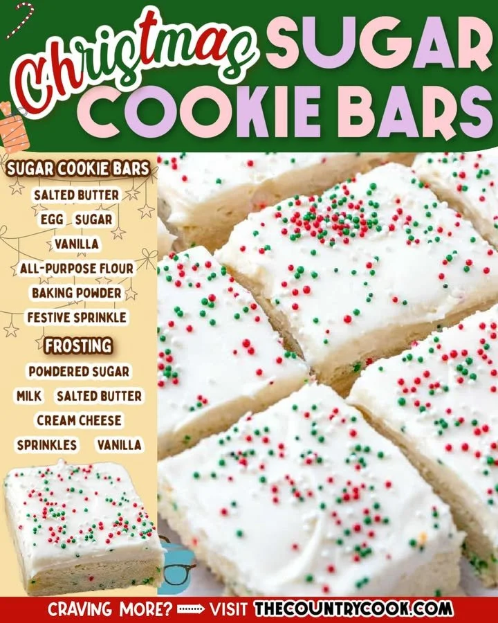 Holiday Sugar Cookie Bars Delicious holiday sugar cookie bars decorated with frosting and sprinkles.