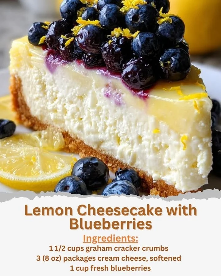 Lemon Cheesecake with Blueberries Lemon cheesecake topped with fresh blueberries on a white plate.