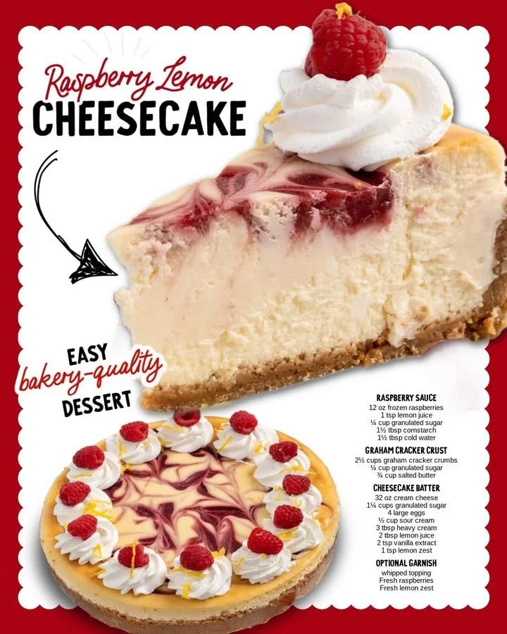Lemon Raspberry Cheesecake topped with fresh raspberries and lemon zest.
