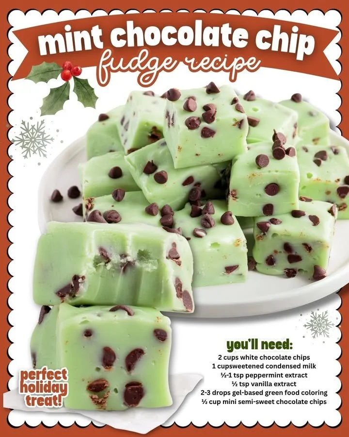 Delicious homemade mint chocolate chip fudge with chocolate chips and mint flavor