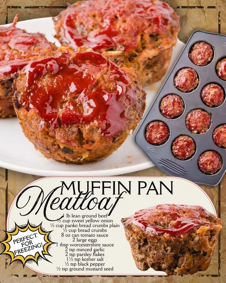 Muffin pan meatloaf served on a plate with vegetables.