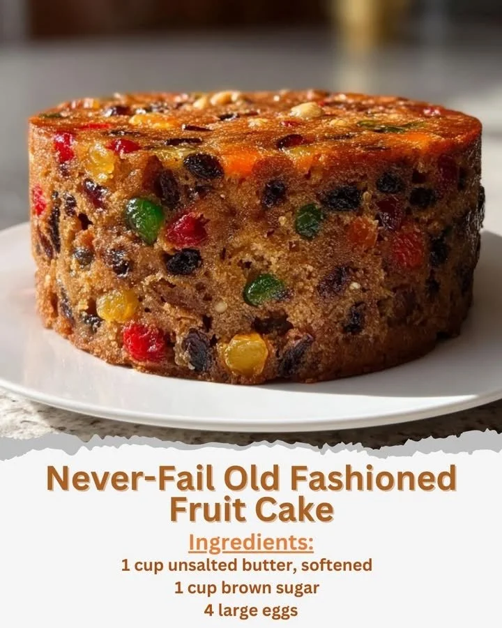 Never-Fail Old Fashioned Fruit Cake A beautifully decorated old-fashioned fruit cake with colorful fruits and nuts.