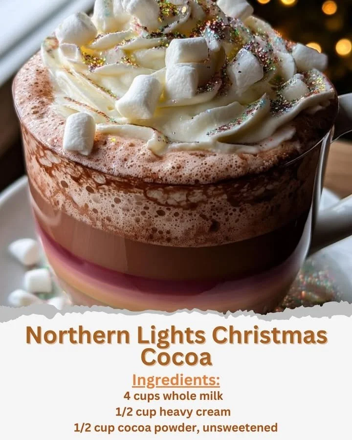 Northern Lights Christmas Cocoa A warm cup of Northern Lights Christmas Cocoa with marshmallows and festive decorations.