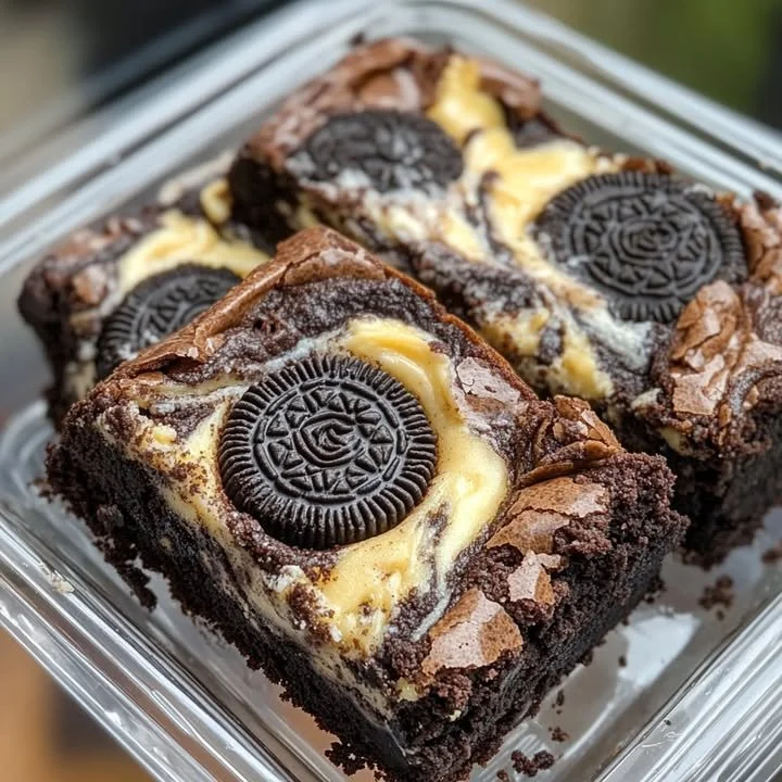 Oreo Cheesecake Brownies Delicious Oreo Cheesecake Brownies on a plate, showcasing layers of cream and Oreos