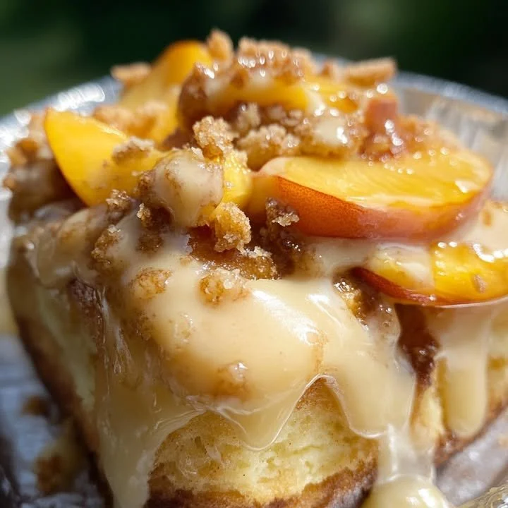 Peach cobbler cinnamon rolls drizzled with icing on a wooden table