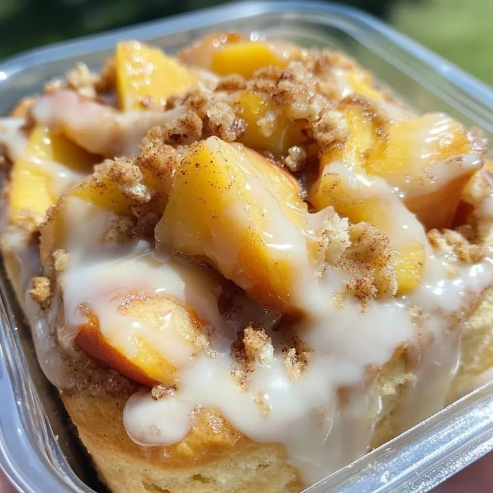 Peach cobbler cinnamon rolls with a golden crust and peach filling.