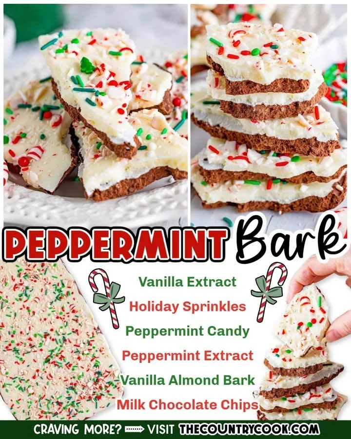 Peppermint Bark Homemade peppermint bark with dark and white chocolate topped with crushed peppermint candies.