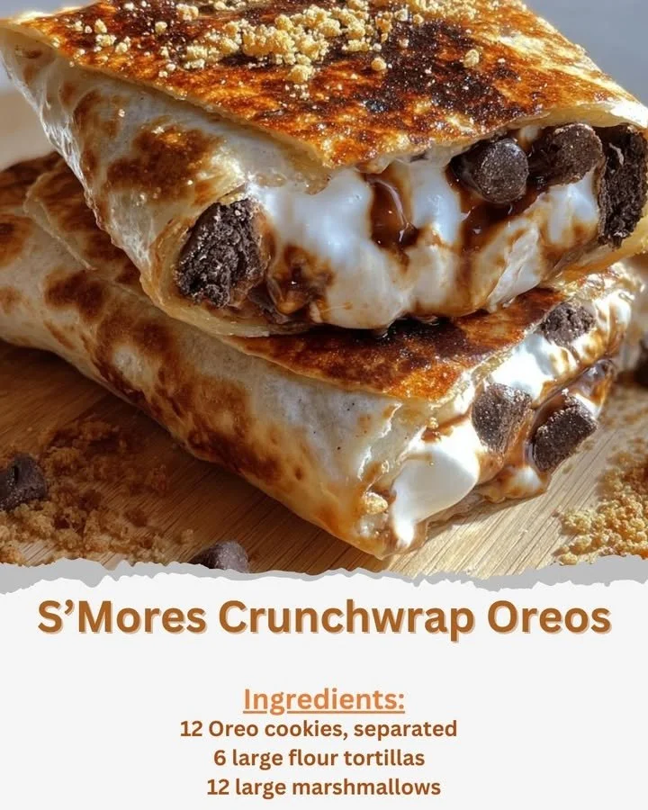 Delicious S’Mores Crunchwrap Oreos showcasing layers of chocolate and marshmallow.