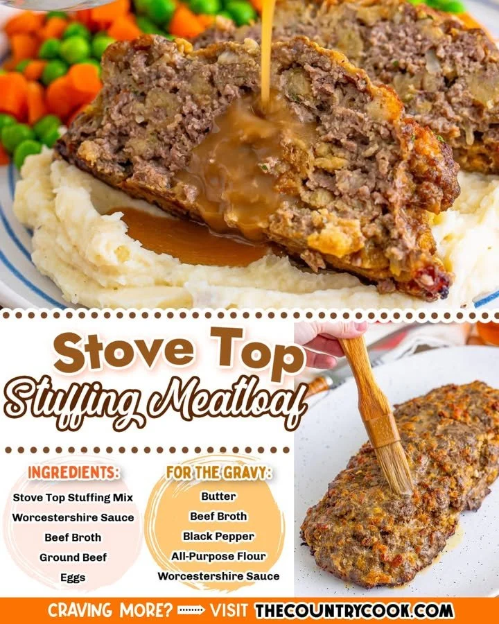 Stove Top Stuffing Meatloaf Stove Top Stuffing Meatloaf served with mashed potatoes and green beans.