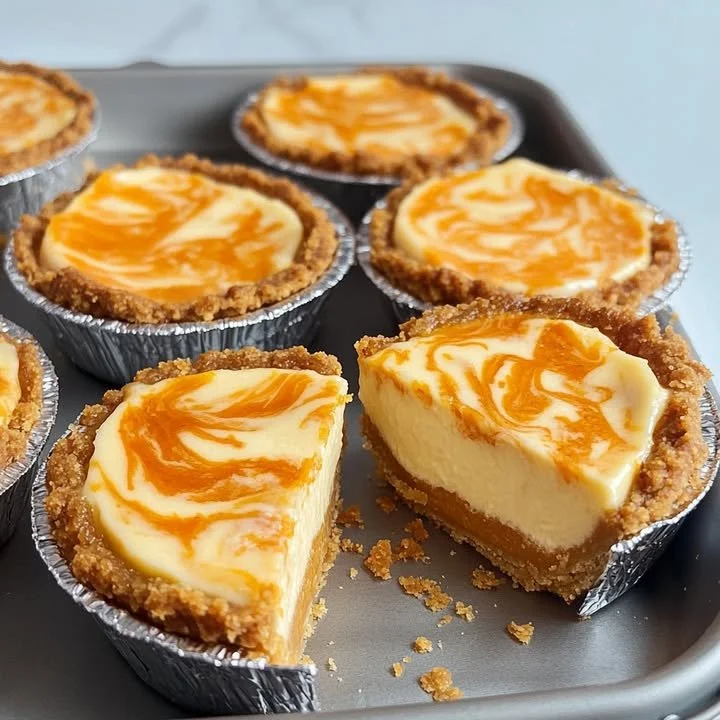 Sweet potato cheesecake mini pies served on a plate, topped with whipped cream.