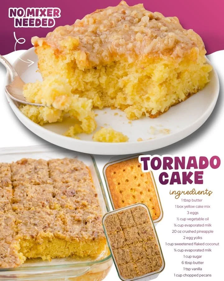 Slice of Tornado Cake with cream cheese swirl and nuts on a plate