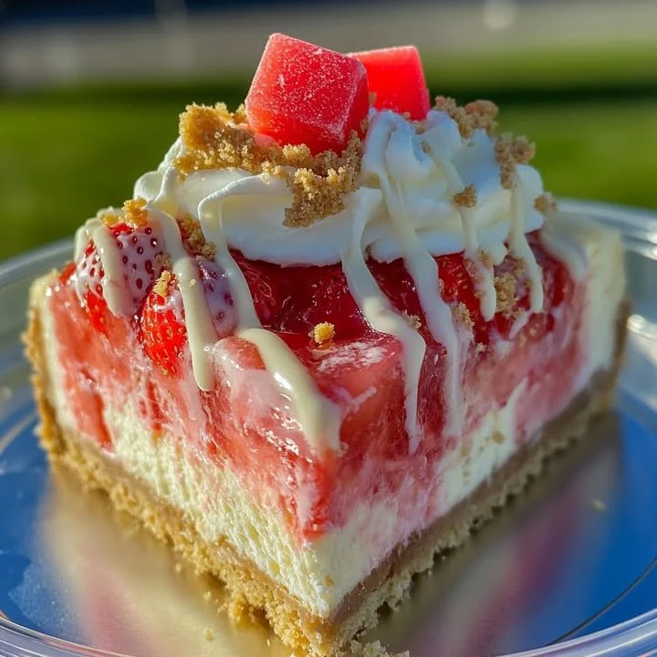 White Chocolate Drizzled Strawberry Crunch Cheesecake White Chocolate Drizzled Strawberry Crunch Cheesecake dessert