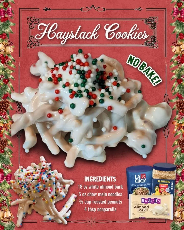White Chocolate Haystacks Homemade white chocolate haystacks with coconut and nuts on a plate.