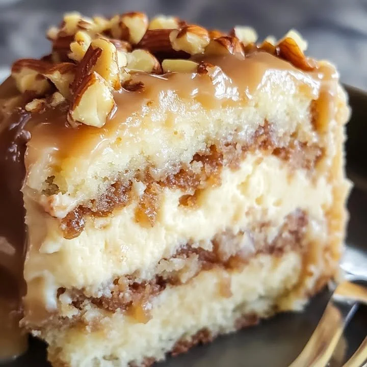 White German Chocolate Cake with Creamy Cheesecake Center Delicious White German Chocolate Cake featuring a creamy cheesecake center