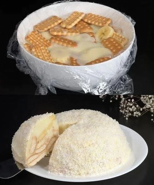 Biscuiți cu banane, desert fără coacere, servit pe o farfurie albastră