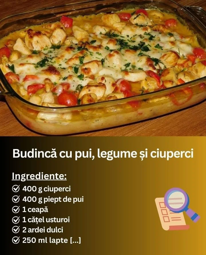 Budincă cu legume, ciuperci și piept de pui Budincă cu legume, ciuperci și piept de pui servită pe o farfurie