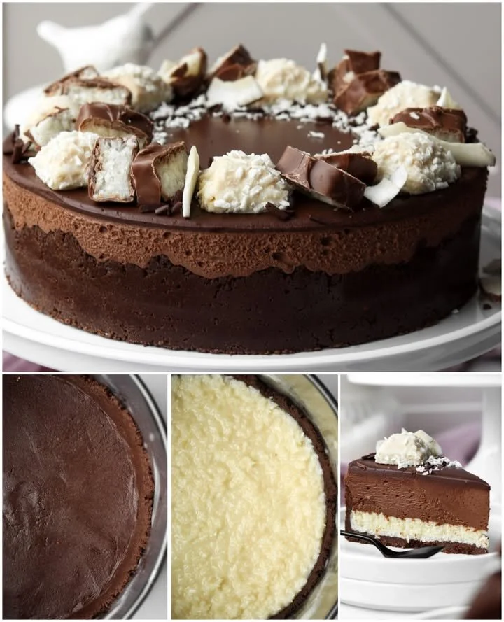 Cheesecake cu cocos și ciocolată, un desert delicios și cremos.