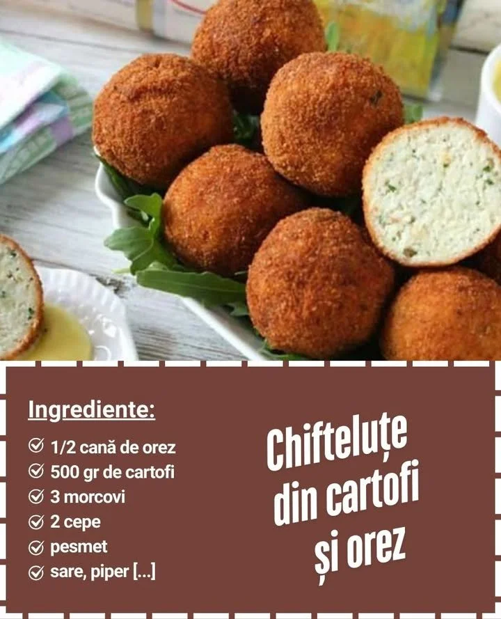 Chifteluțe cu orez și cartofi servite pe o farfurie