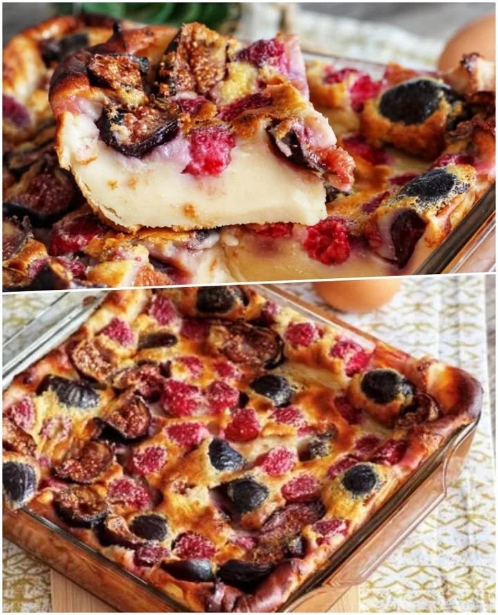 Clafoutis with fruit, aromatic and creamy Clafoutis delicios cu fructe, aromat și cremos, servit pe o farfurie albă.