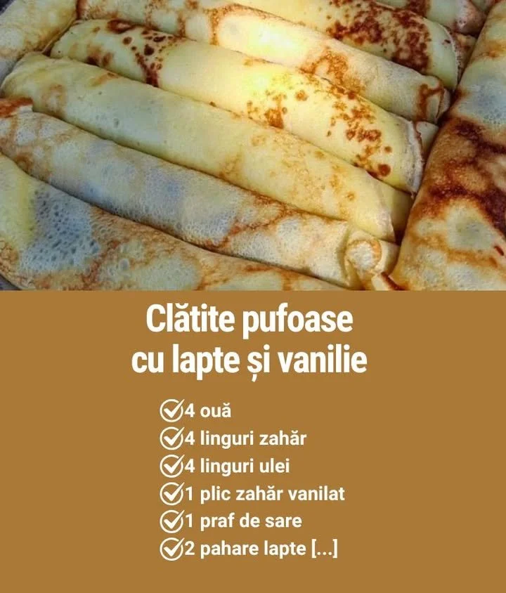 Clătite cu vanilie și lapte, pufoase și moi, servite cu fructe.
