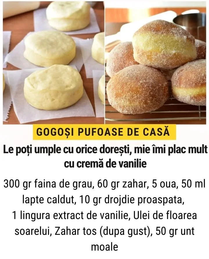 Gogosi pufoase de casă proaspăt prăjite și pudrate cu zahăr.