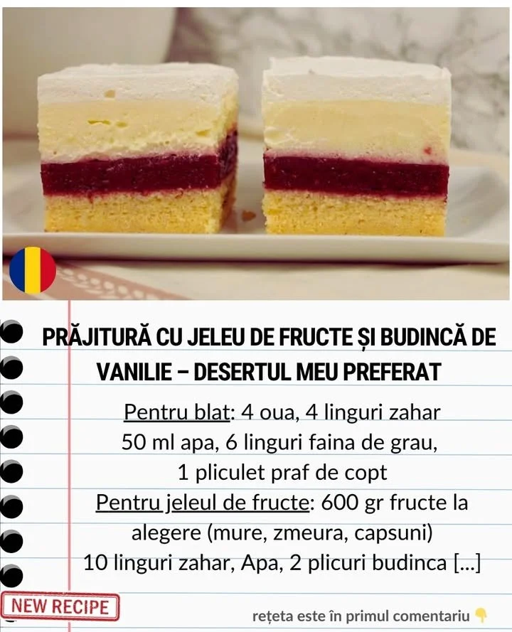 Prăjitură cu jeleu de fructe și budincă de vanilie, un deliciu pentru alegerea ta.
