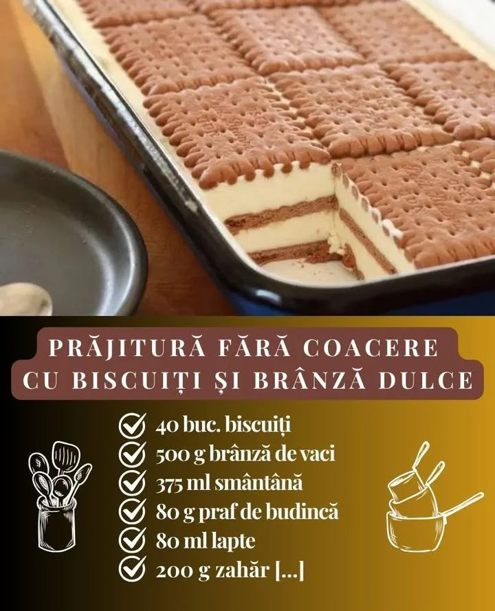 Prajitură fără coacere cu biscuiți și brânză dulce, gata de servit