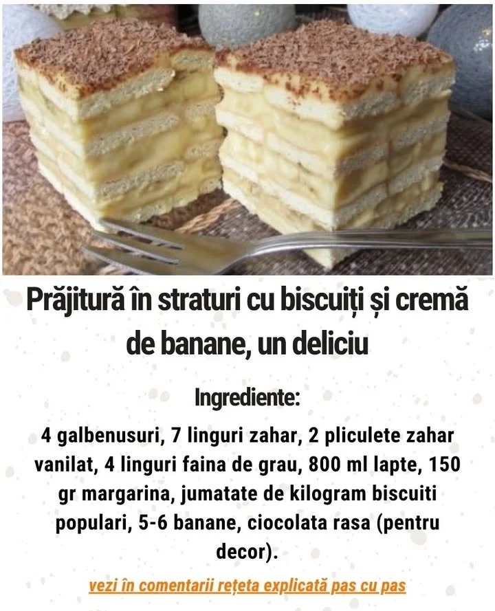 Prajitură în straturi cu biscuiți și cremă de banane
