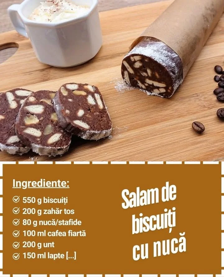 Salam de biscuiti aromat si delicios, un deliciu perfect pentru desert.